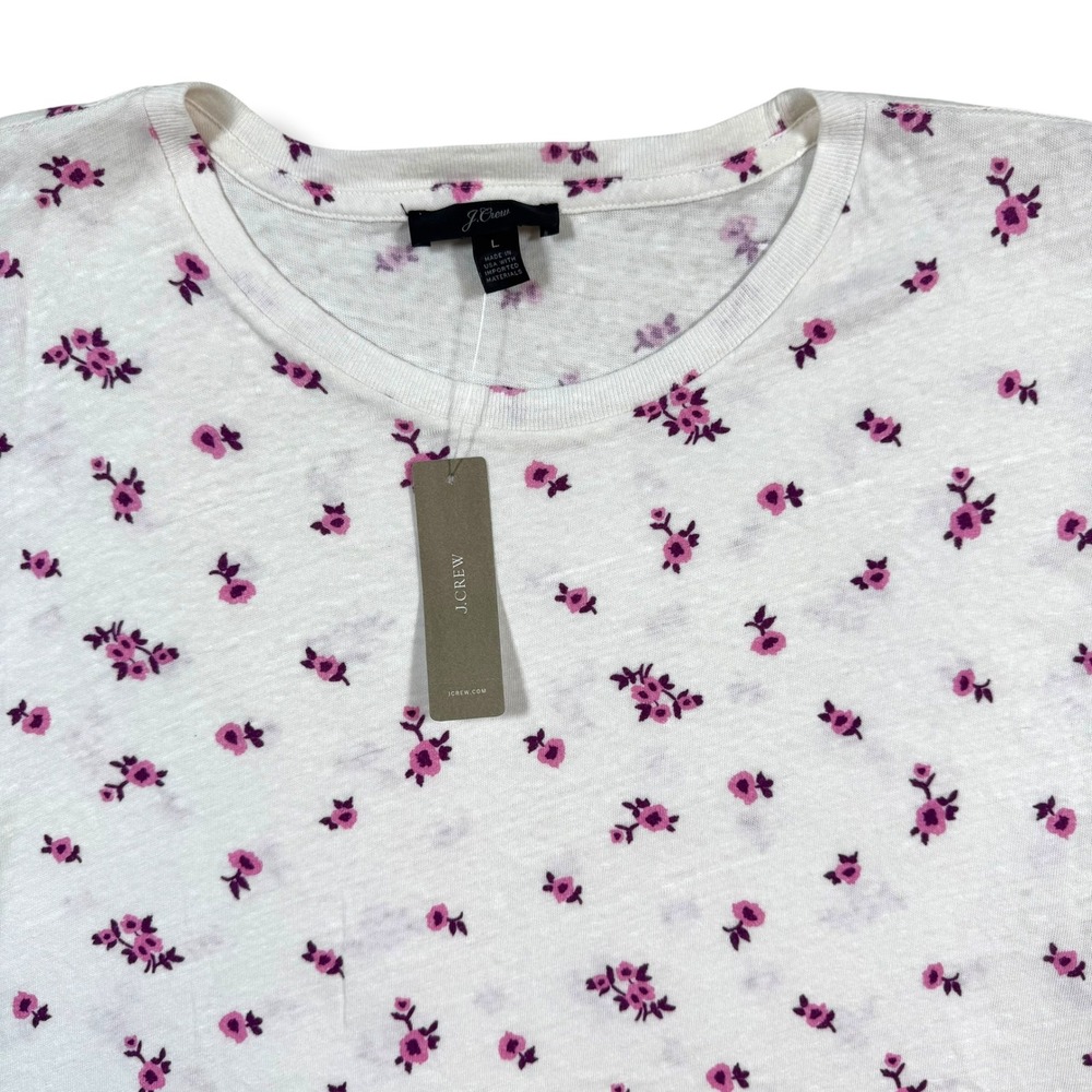 J.Crew T-Shirt Womens L White Floral Cotton Slub Short Sleeve K8647 NEW